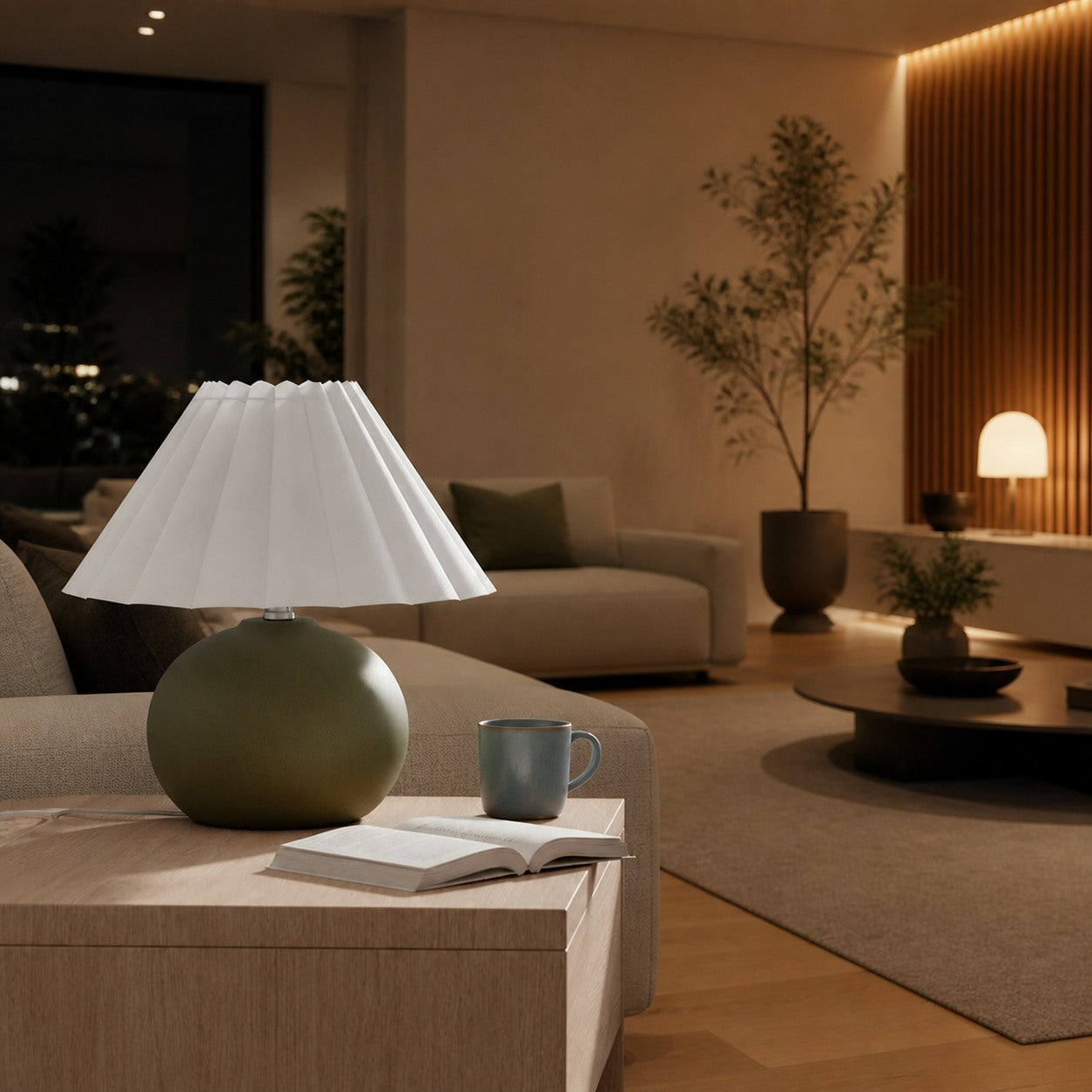 Ruffmeto Decorative Table Lamp — Round Ceramic Base with Pleated Fabric Shade for Cozy Spaces