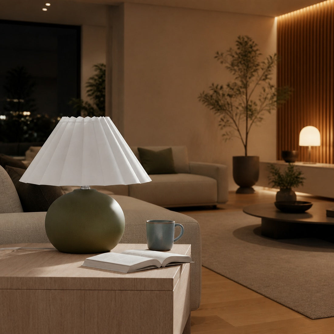 Ruffmeto Decorative Table Lamp — Round Ceramic Base with Pleated Fabric Shade for Cozy Spaces