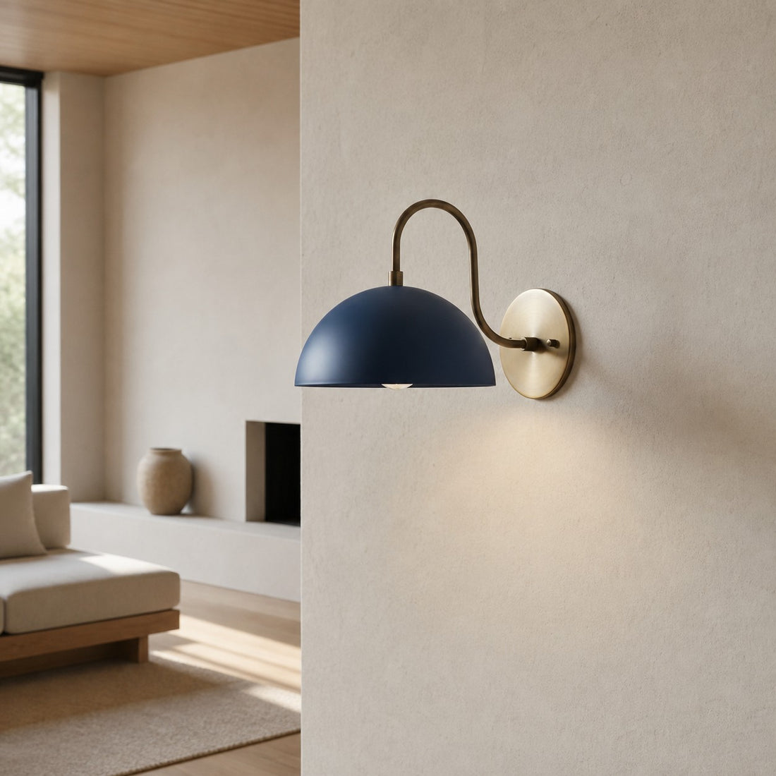 Curva Metal  Industrial Wall Sconce - Curved Brass Arm - Hammered Dome Light Fixture