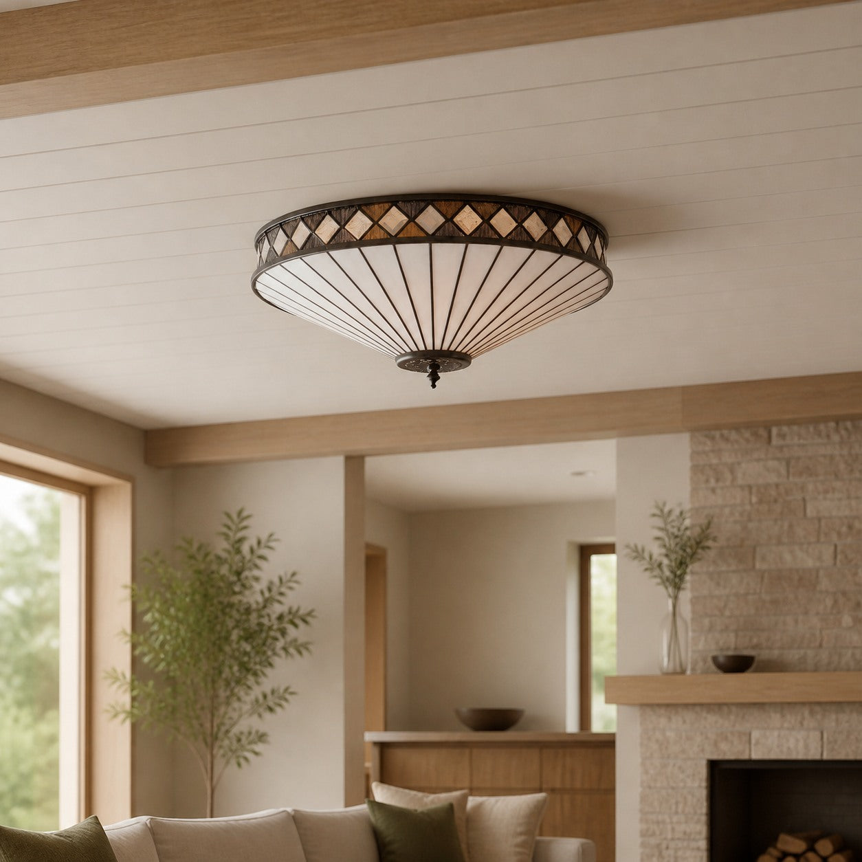 TF Fargo Geometric Flush Mount Light — Handcrafted Art Deco Stained Glass Lamp for Entryway