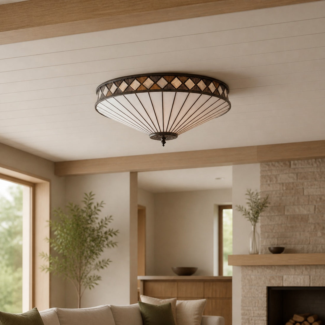 TF Fargo Geometric Flush Mount Light — Handcrafted Art Deco Stained Glass Lamp for Entryway