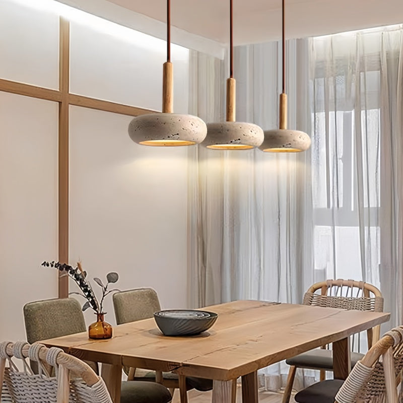 Traditional Japanese Round Wood Travertine Pendant Light