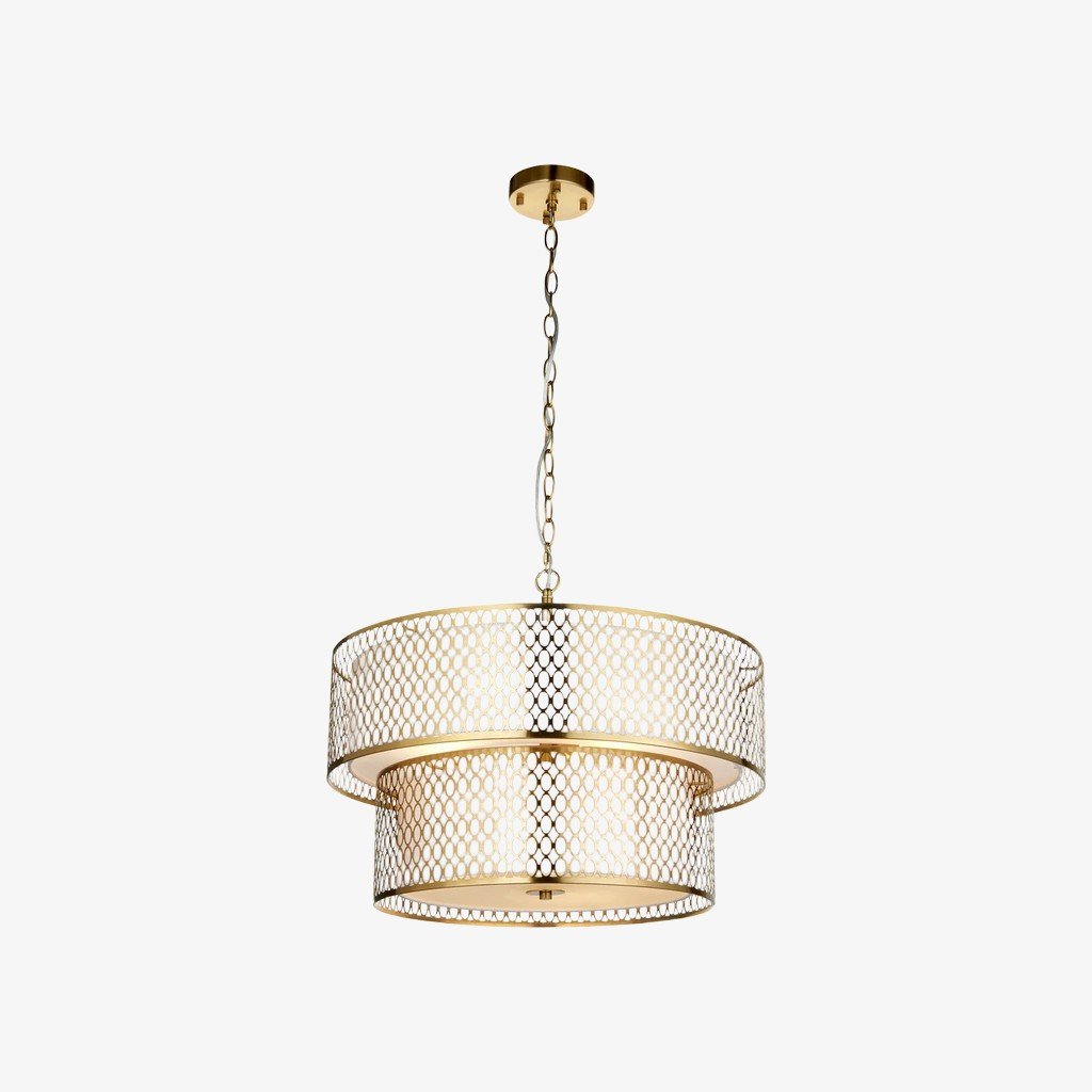 Liorin Geometric Pendant Lamp – Modern Fretwork Metal and Fabric Shade Pendant for Interiors