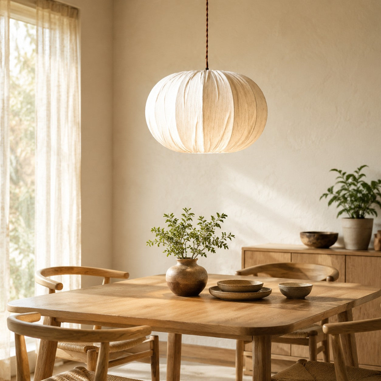 Fabric Globe Pendant Light with Wood Canopy