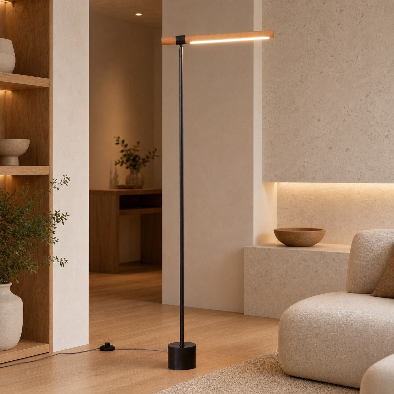 Moss Energy-Efficient Linear Wood LED Floor Lamp – Adjustable Swivel Design