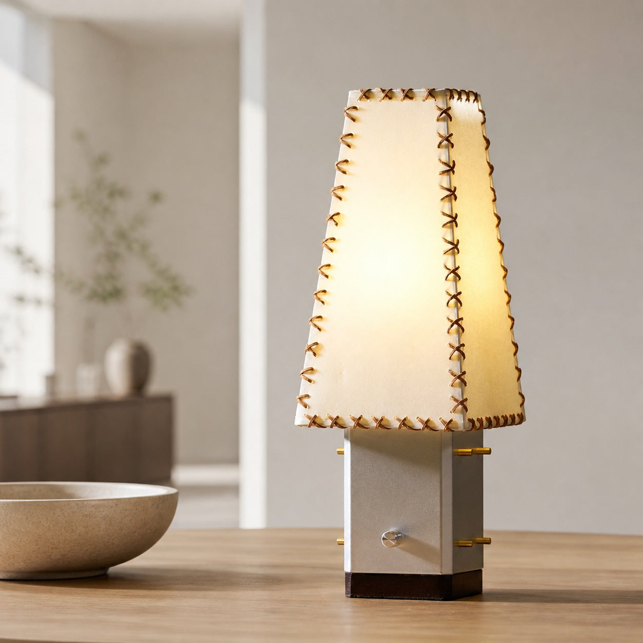 Modern Geometric Metal Table Lamp – Parchment Shade for Bedroom Nightstand Lighting