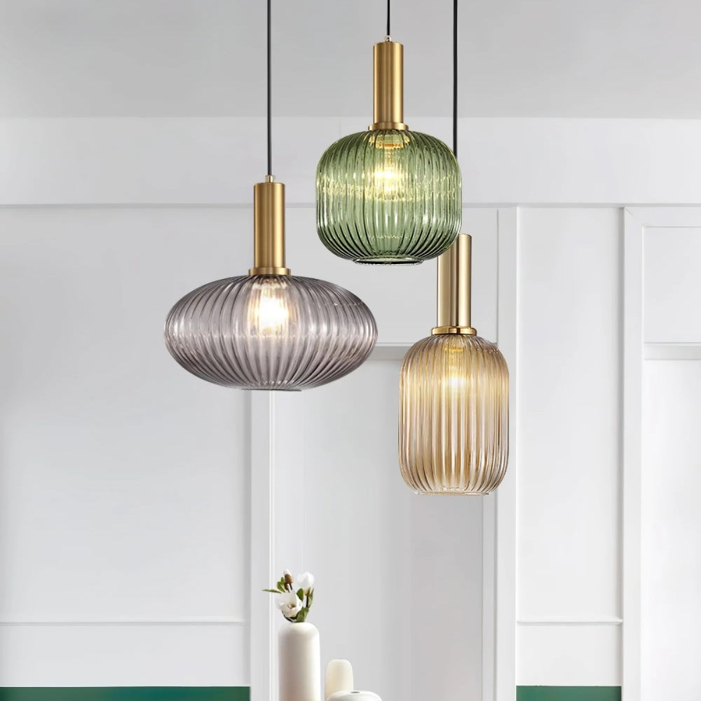 Ribbed Stained Glass Pendant Lamp – Retro Lantern Shape Hanging Light