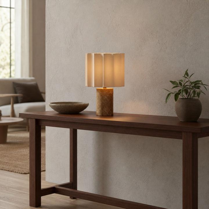 Cavilon Table Lamp with Fan-Shaped Linen Shade - Stone Finishes Suitable for Living Rooms