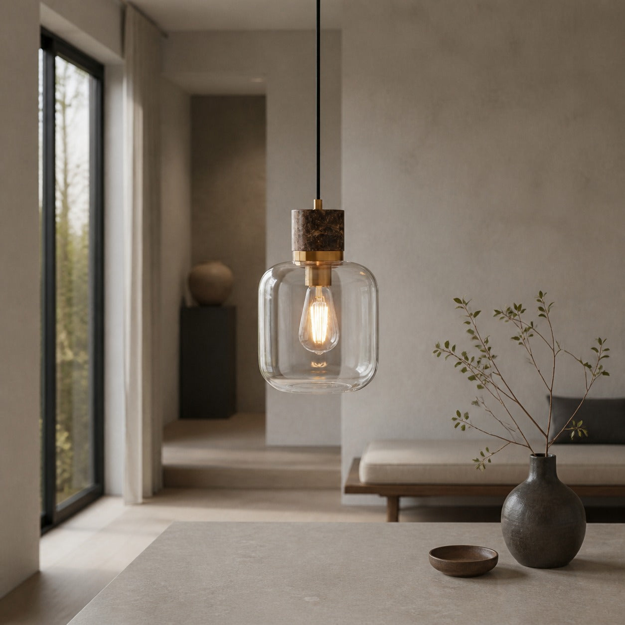 Korlisse Natural Stone and Glass Pendant Light – Stylish Lamp for Lounge or Living Room