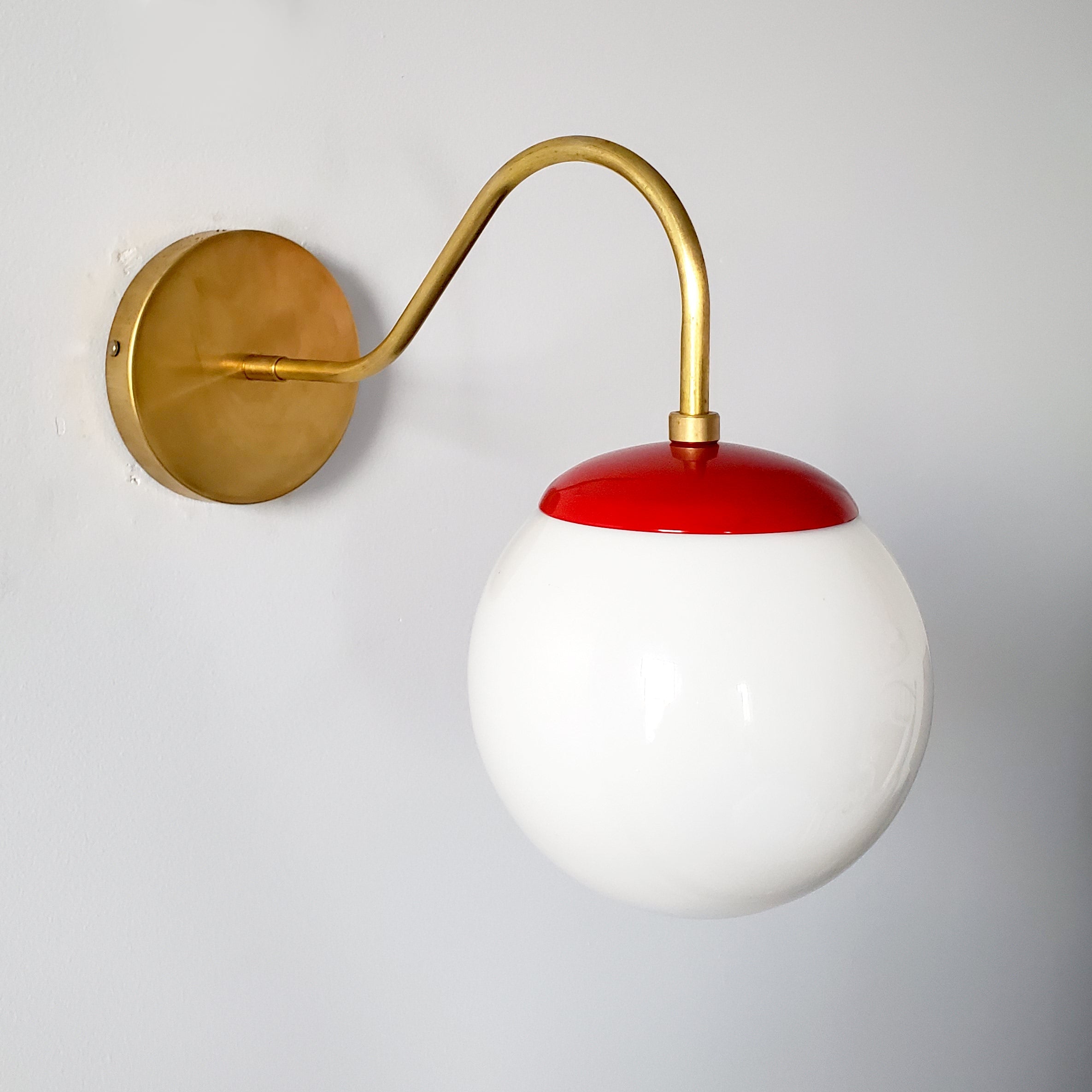 Brass Wall Lamp Sconce - Curved Arm with Handblown Frosted Glass