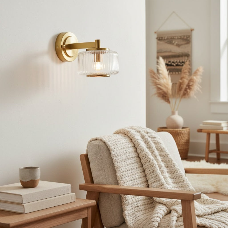 Canovus Ribbed Glass Shade Wall Lamp - Elegant Brass Sconce for Living Room Lighting