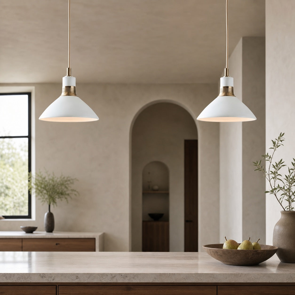 Calvor Porcelain Pendant Light – Ivory Shade with Champagne Bronze Accents