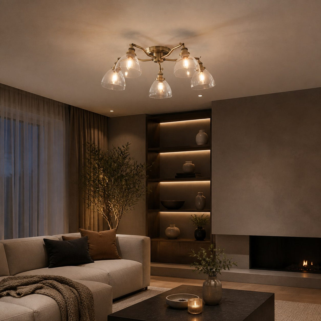 Novera Vintage-Inspired Semi-Flush Ceiling Fixture with Curved Arms for Living Spaces