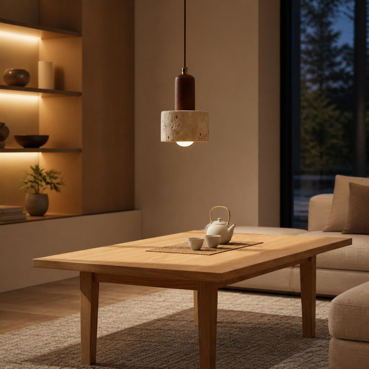 WabiLum Minimalist Japanese Travertine Wood Pendant Light - Elegant Home Lighting for Bedroom