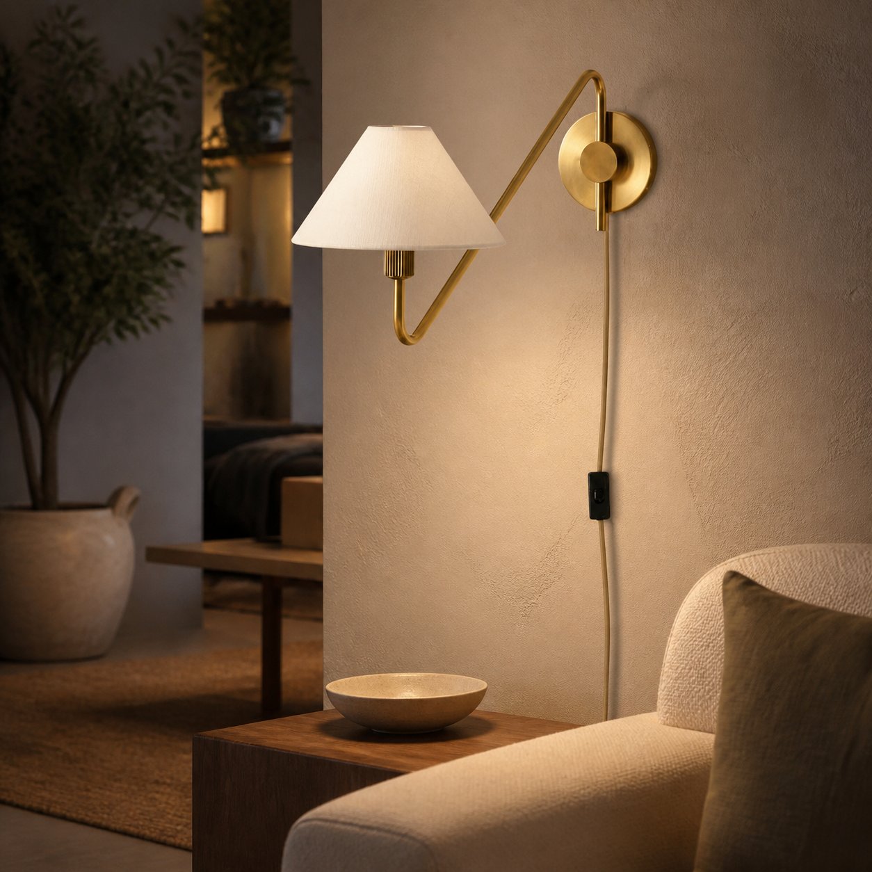 Diora Plug-In Wall Sconce - Champagne Bronze Adjustable Arm Lamp with Linen Shade