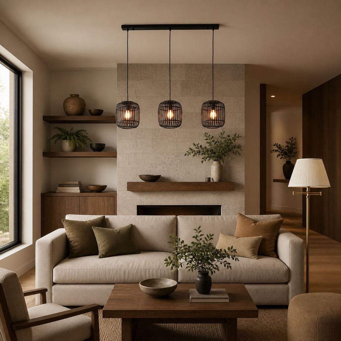 Yumeko Adjustable Bamboo Pendant Lamp - Natural Cage Ceiling Light Perfect for Living & Dining Rooms