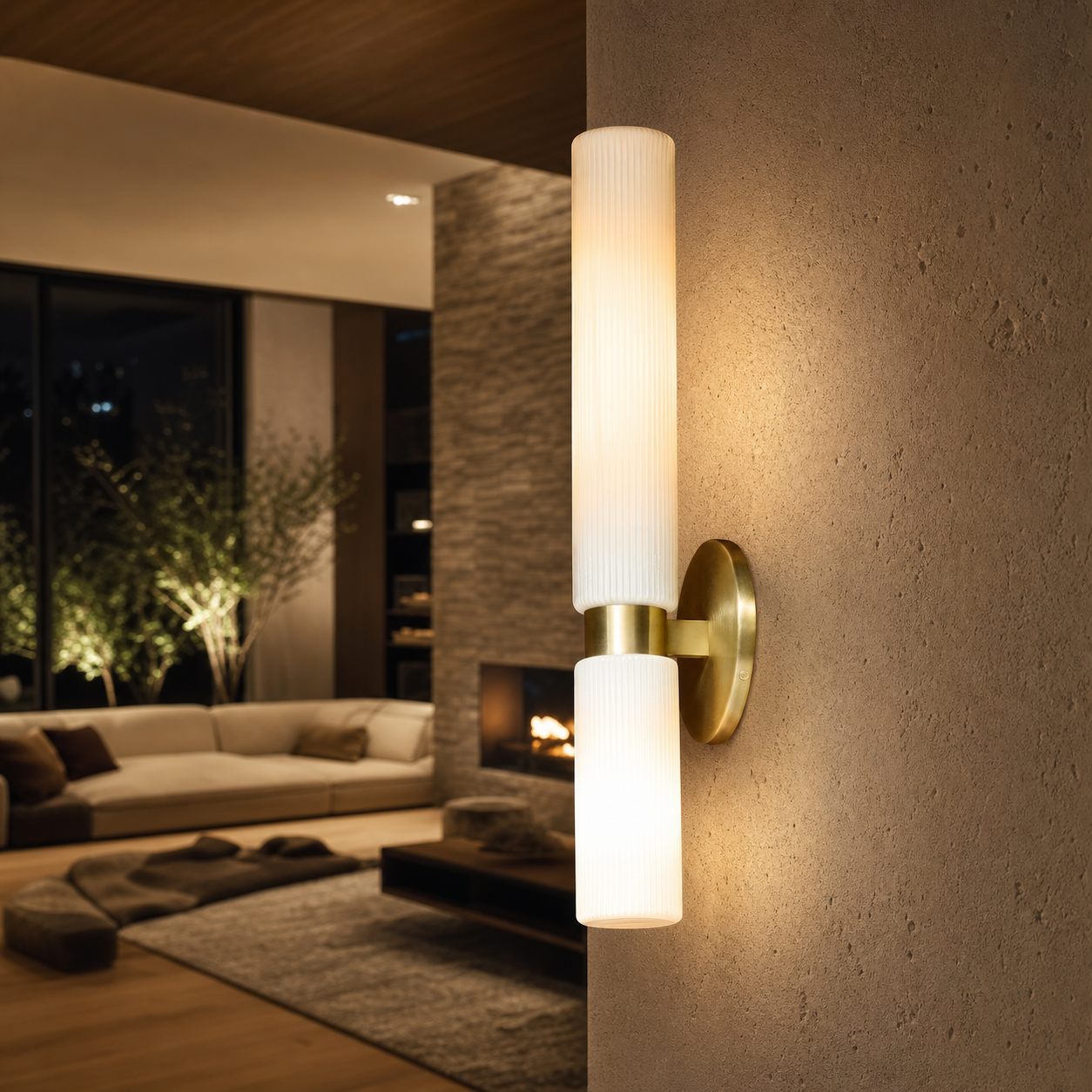 Rivora Fluted Glass Double Short Sconce - Indoor Outdoor Wall Light Elegance