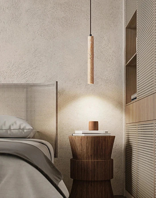 Japanese Wabi Sabi Yellow Travertine Cylinder 1-Light Pendant Light