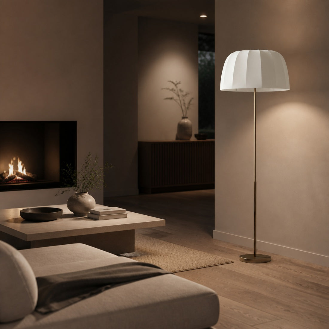 Vellaro Brass Floor Lamp with Fabric Shade – Modern Standing Light for Living Room or Bedroom