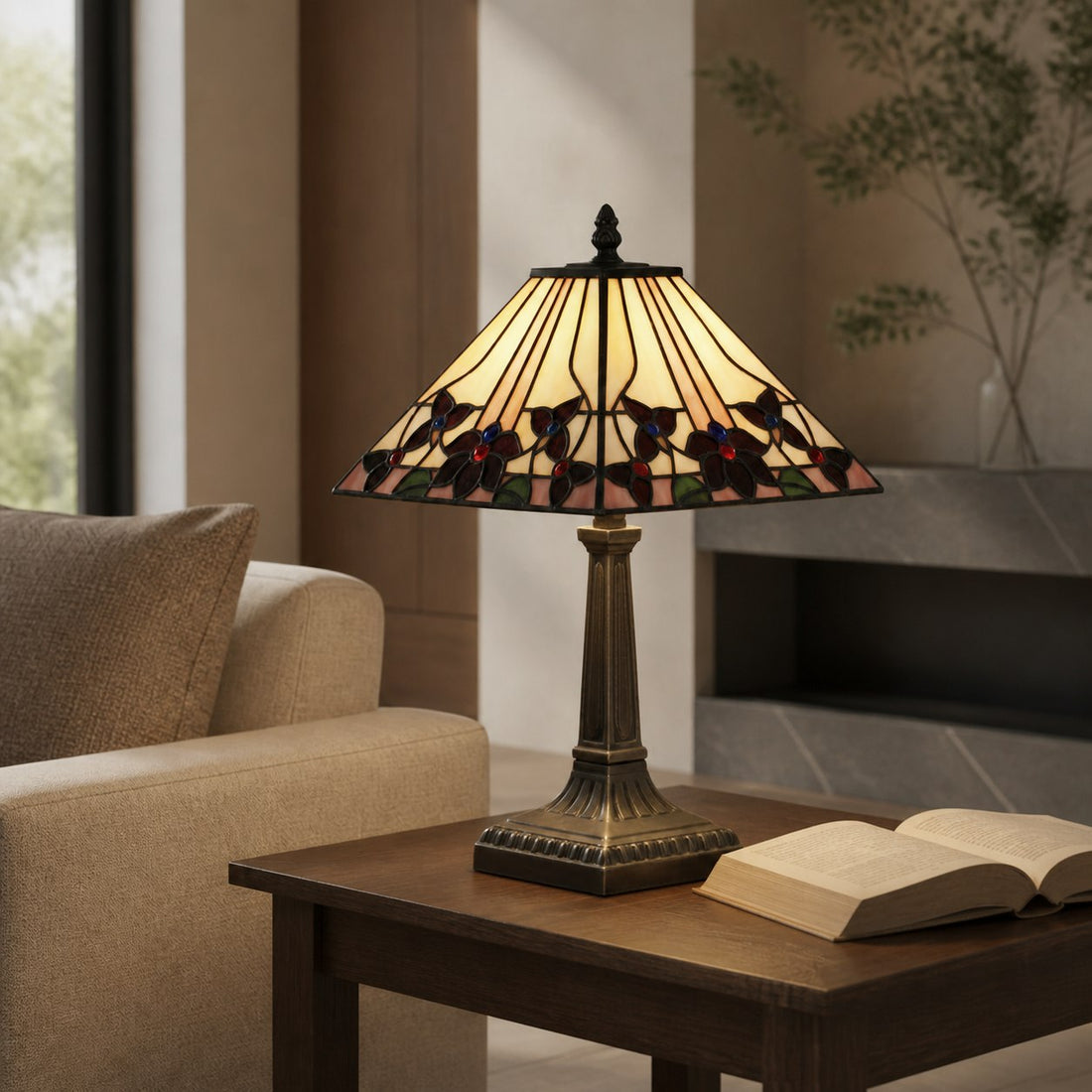 TF Camillo Dragonfly Stained Glass Table Lamp - Art Nouveau Tiffany Style with Scalloped Edge for Living Room and Bedroom