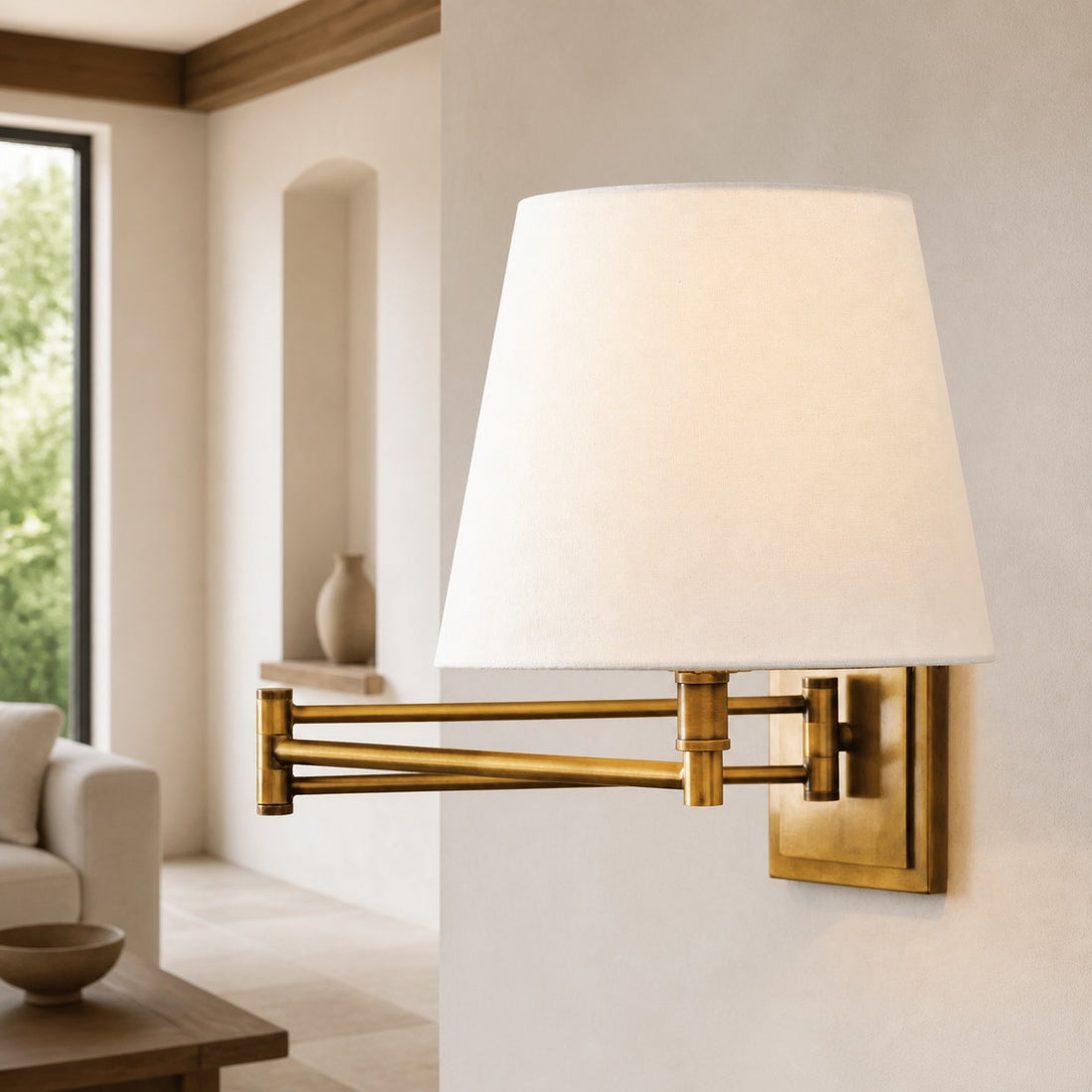 Arcuma Modern Adjustable Arm Wall Sconce with Linen Shade - Contemporary Metal Lighting for Living Room