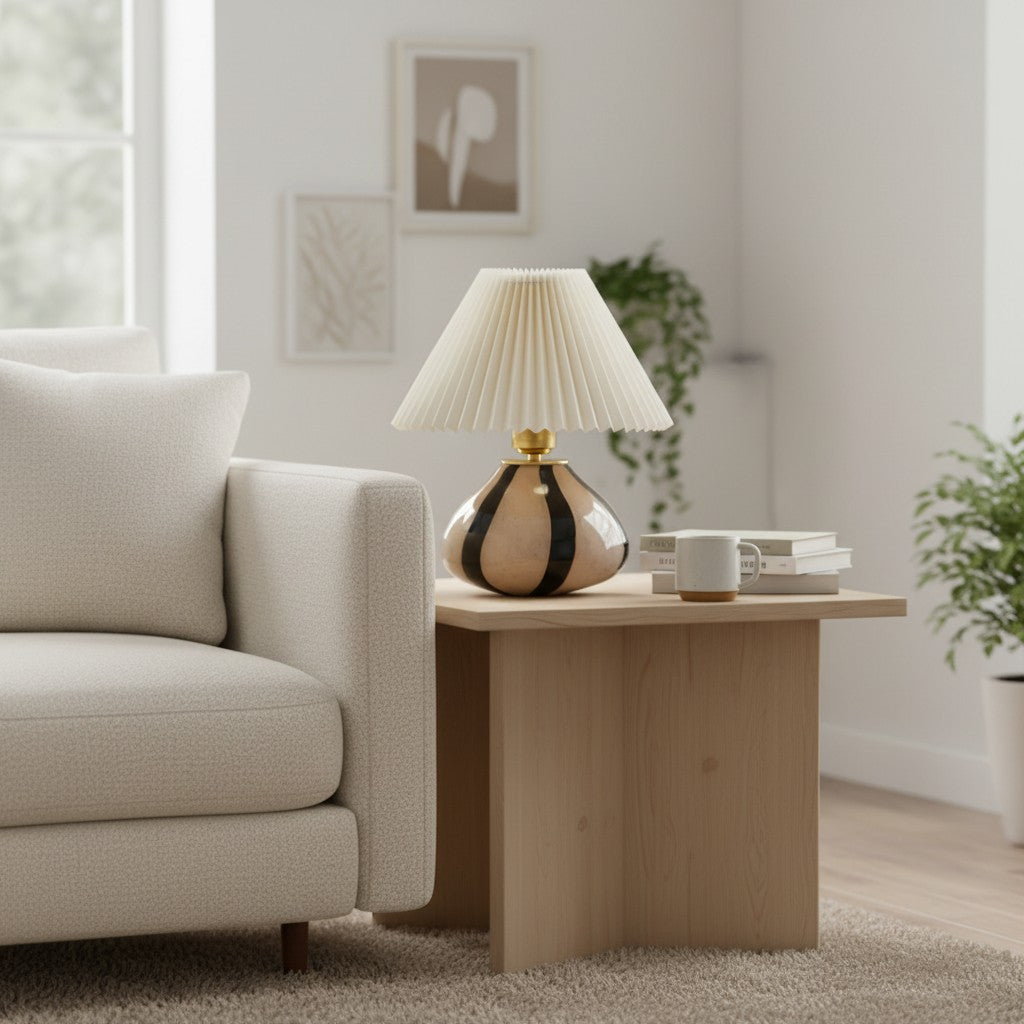 Undara Table Lamp - Pleated Fabric Shade Glass-Base Decorative Lamp for Living Room