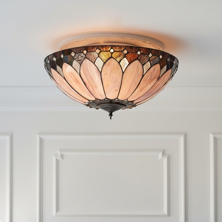 TF Brooklyn Tiffany Glass Flush Mount Ceiling Light - Art Deco Design for Hallway or Living Room