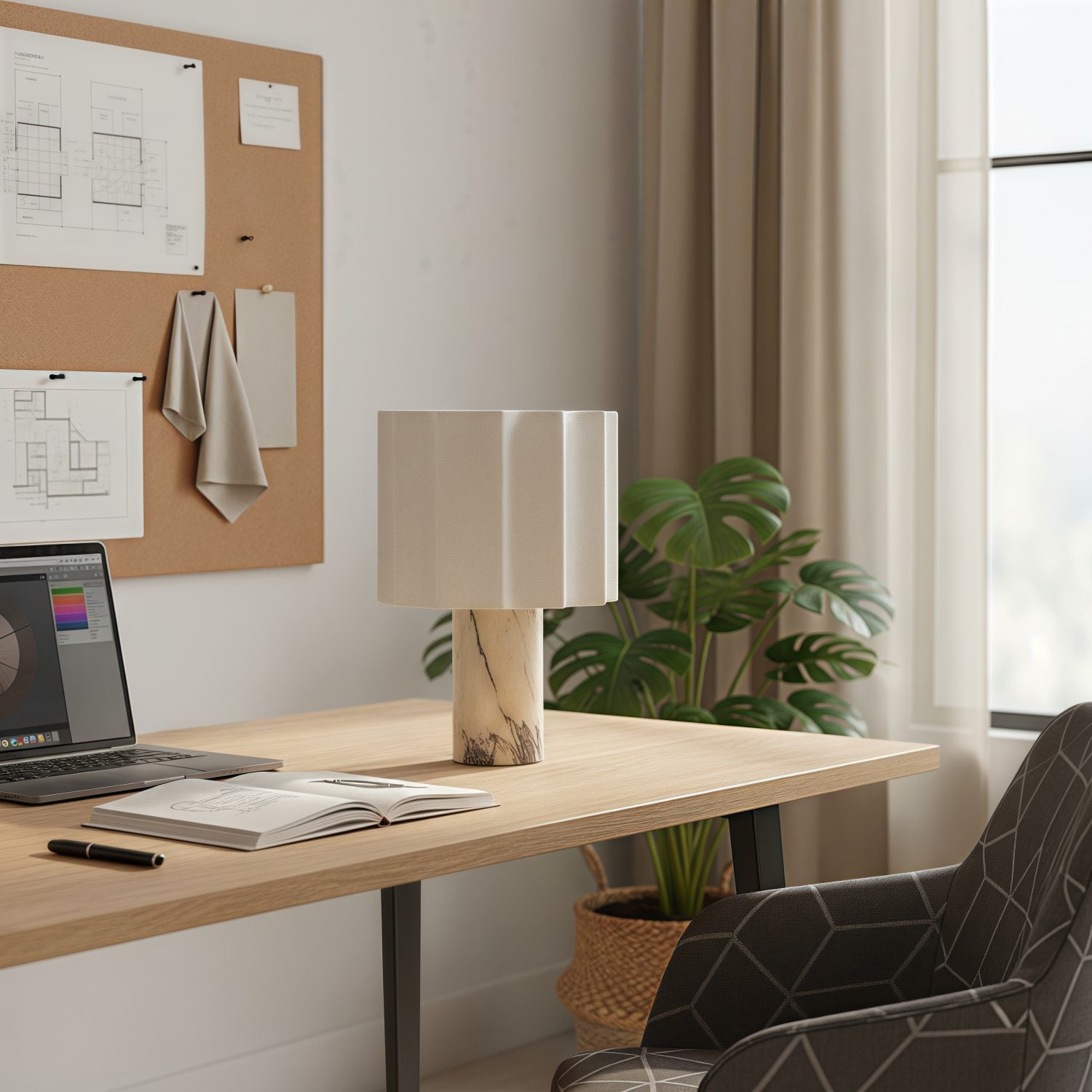 Cavilon Table Lamp with Fan-Shaped Linen Shade - Stone Finishes Suitable for Living Rooms