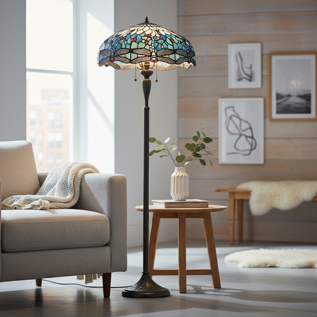 TiffStar Art Glass Floor Lamp with Ornamental Pattern Shade – Standing Light for Living Rooms