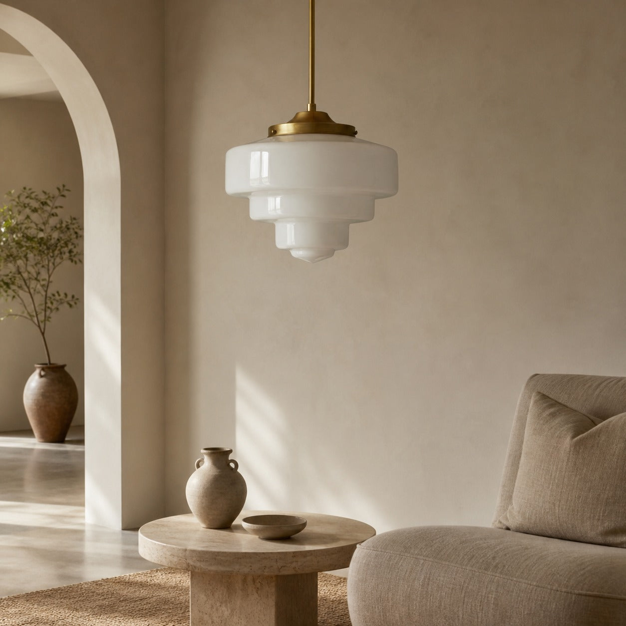 Geotower Glass Brass Pendant Light – Art Deco Opal Globe Ceiling Fixture
