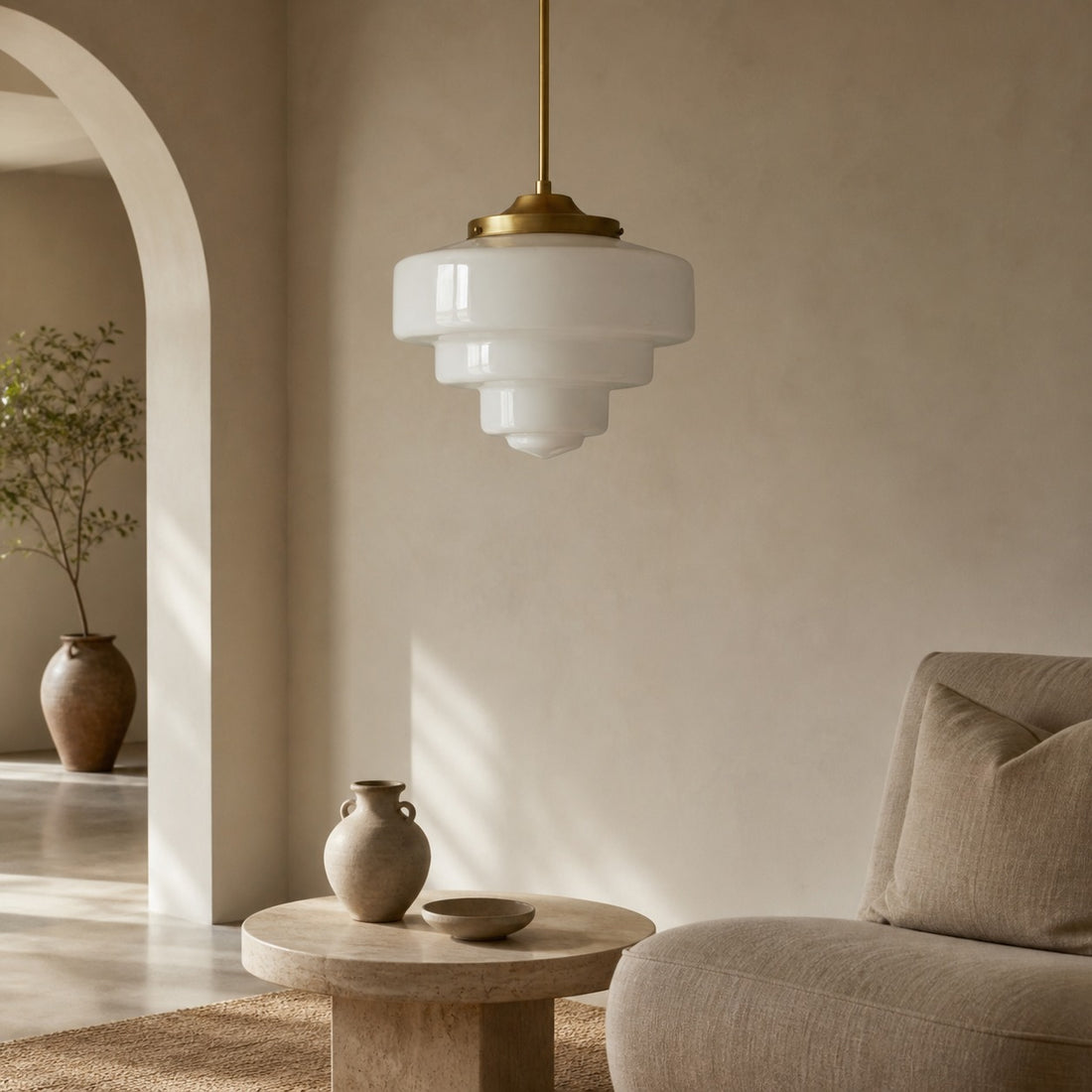 Geotower Glass Brass Pendant Light – Art Deco Opal Globe Ceiling Fixture