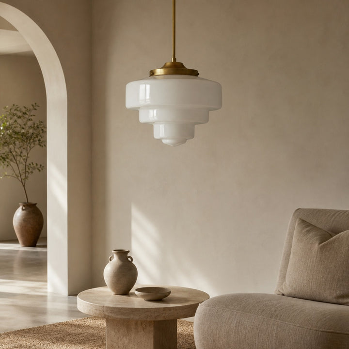 Geotower Glass Brass Pendant Light – Art Deco Opal Globe Ceiling Fixture