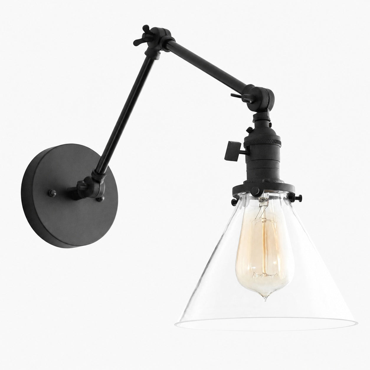 Conique Metal Industrial Wall Sconce with Adjustable Arm - Vintage Glass Cone Shade