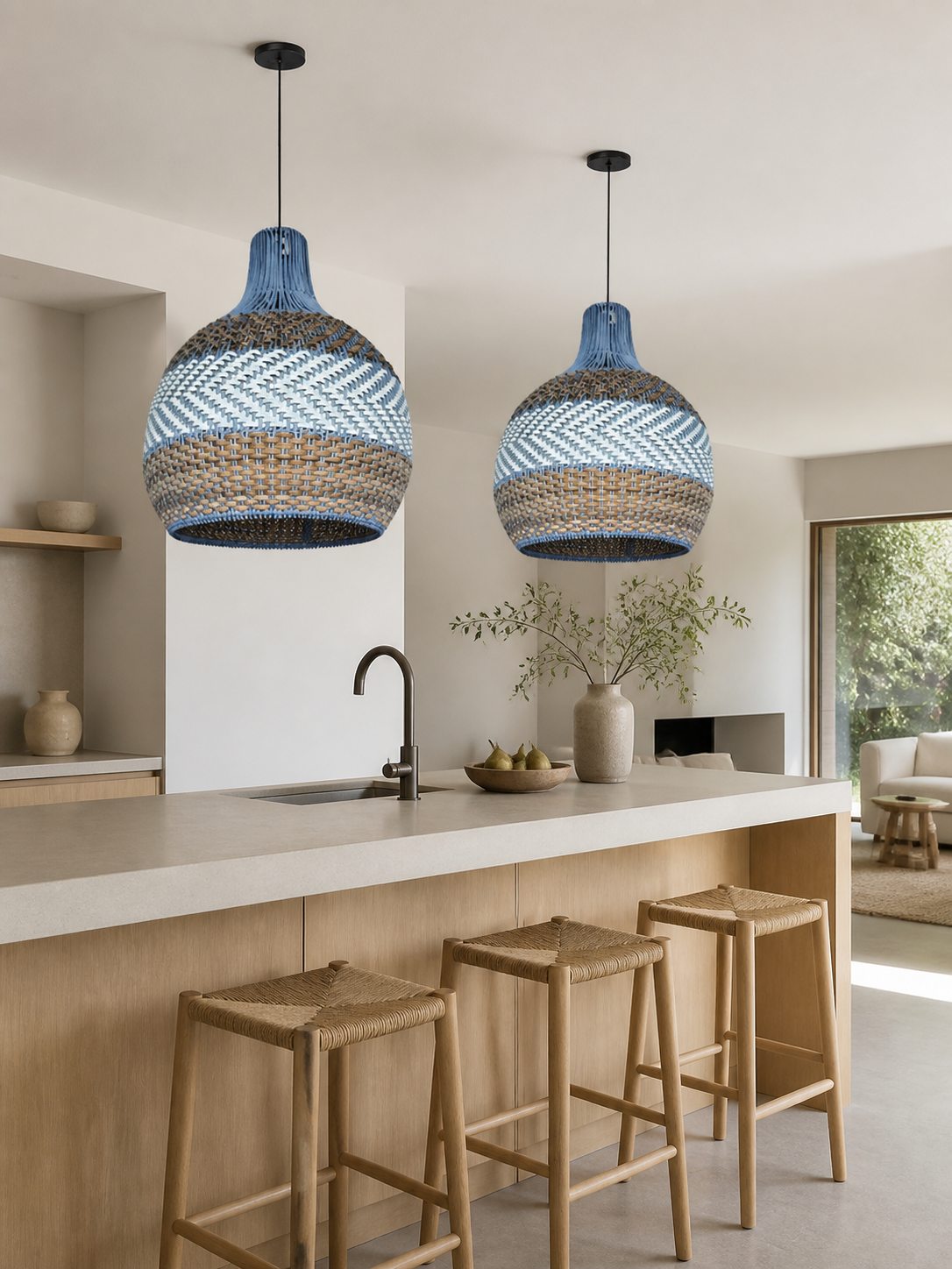 Handwoven Blue Rattan Pendant Light