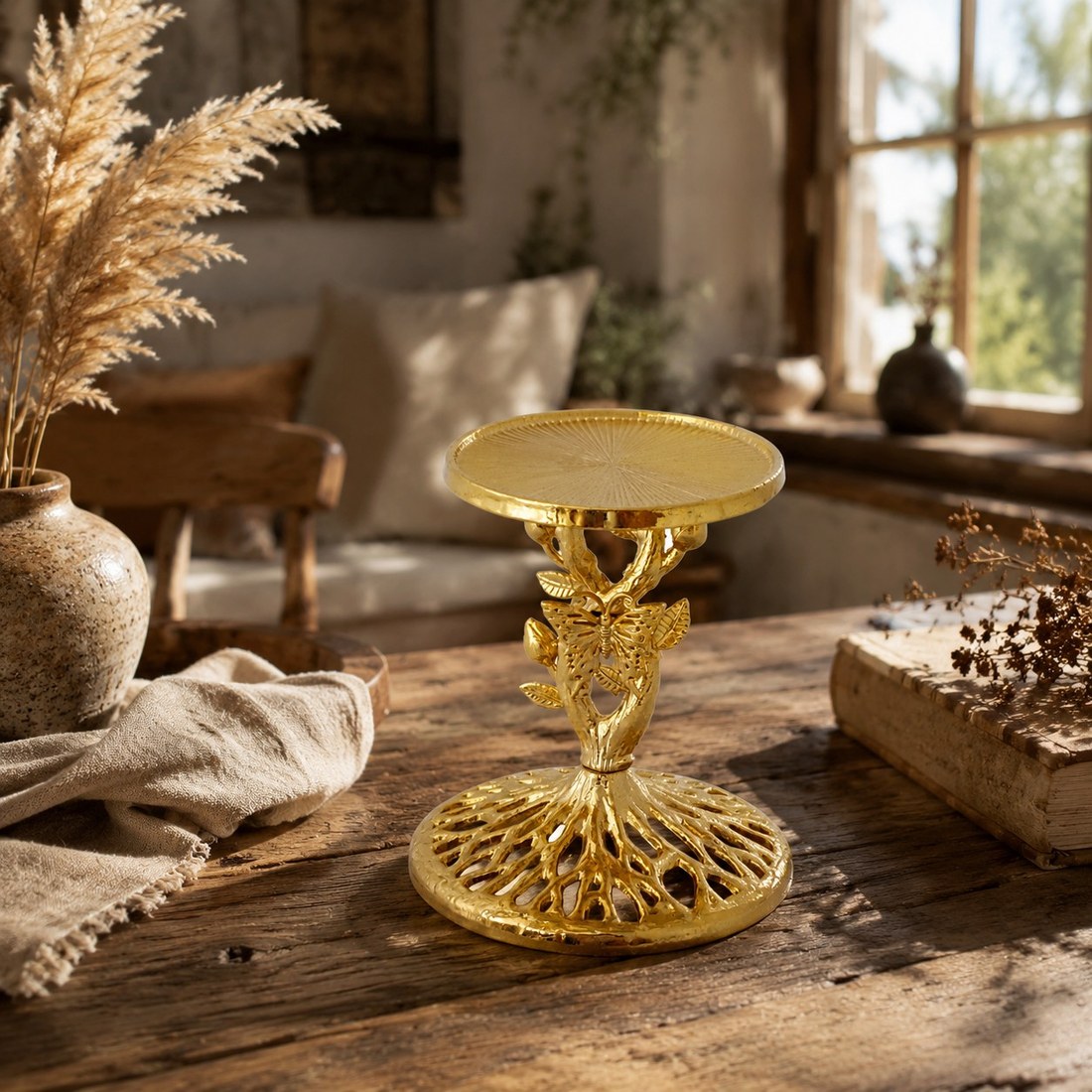 Aura candlestick on a rustic wooden tabletop