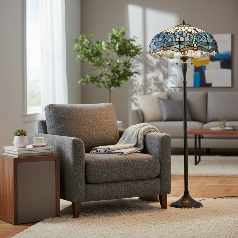 TiffStar Art Glass Floor Lamp with Ornamental Pattern Shade – Standing Light for Living Rooms