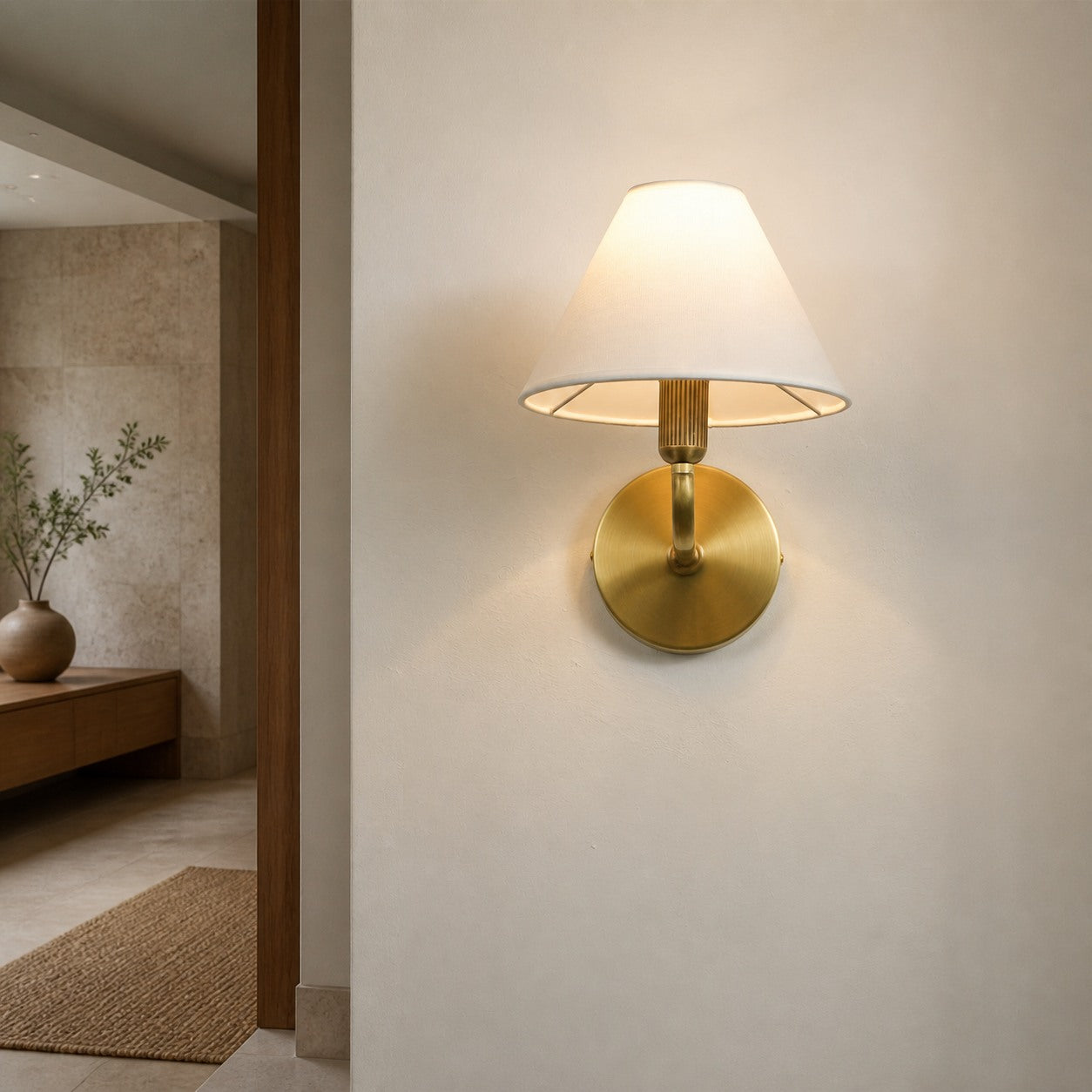 Gilda Fabric Drum Shade Wall Sconce - Modern Brass Accent Light for Bedroom and Hallway