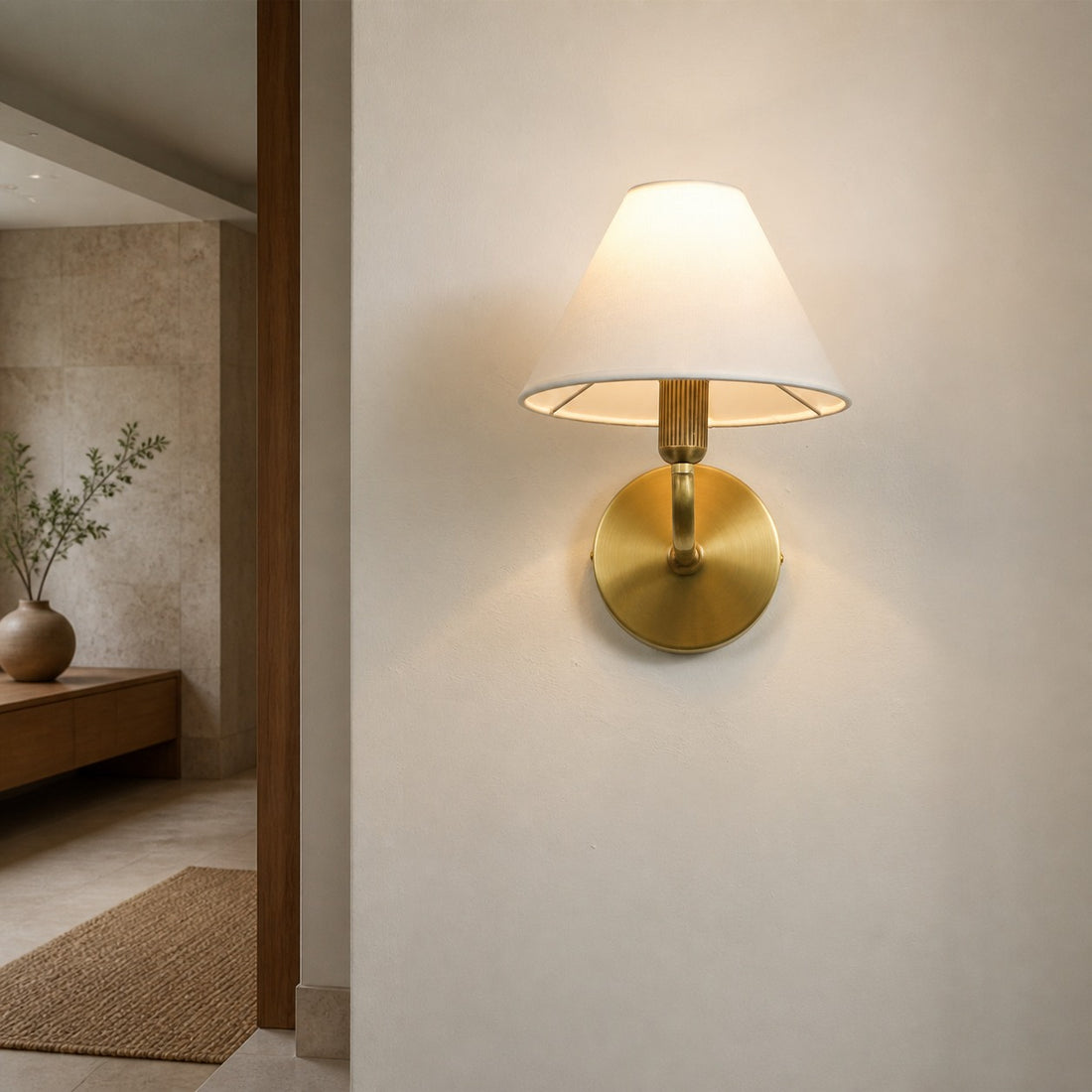Gilda Fabric Drum Shade Wall Sconce - Modern Brass Accent Light for Bedroom and Hallway