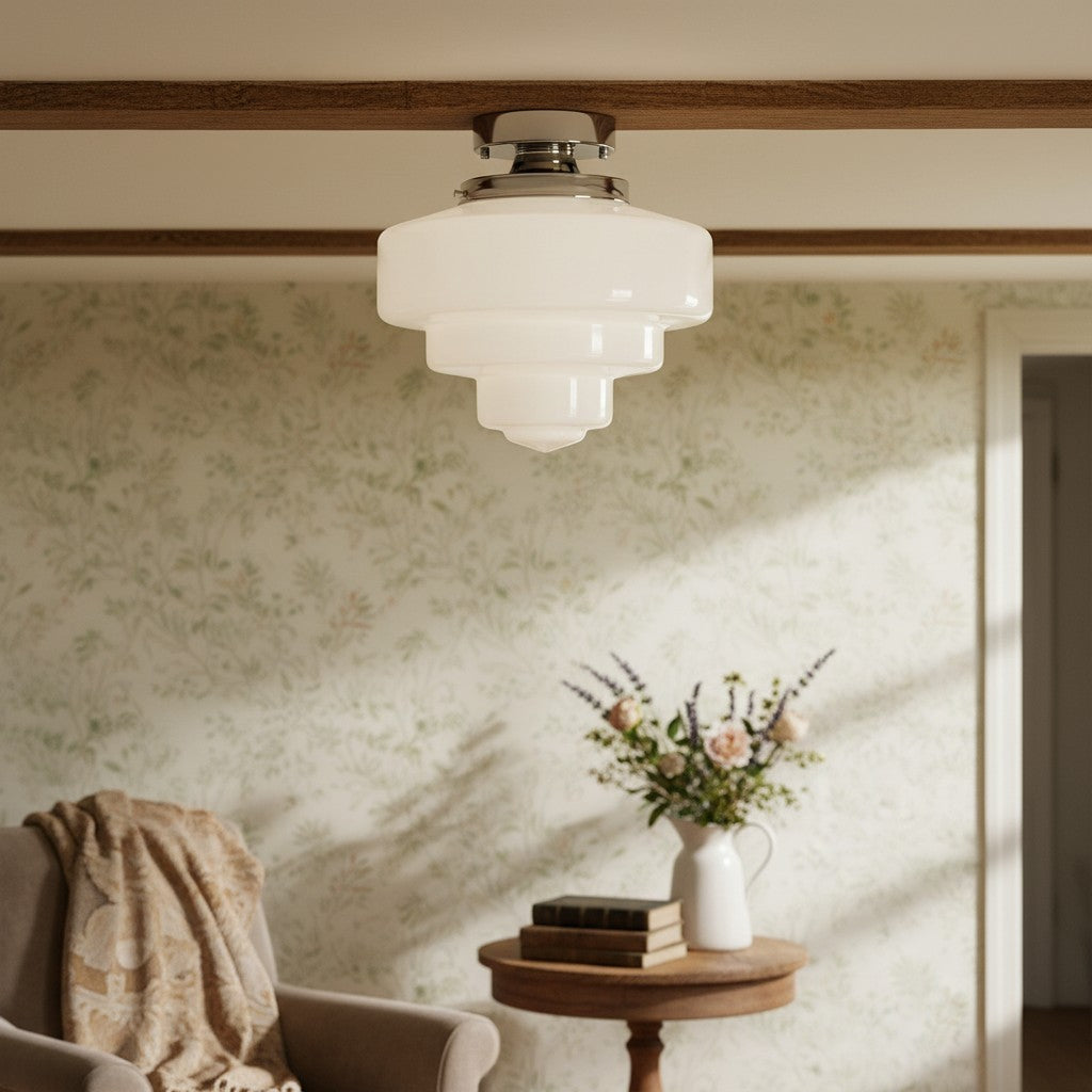 Geotower Glass Brass Ceiling Lamp – Handblown Opal Glass Globe Light