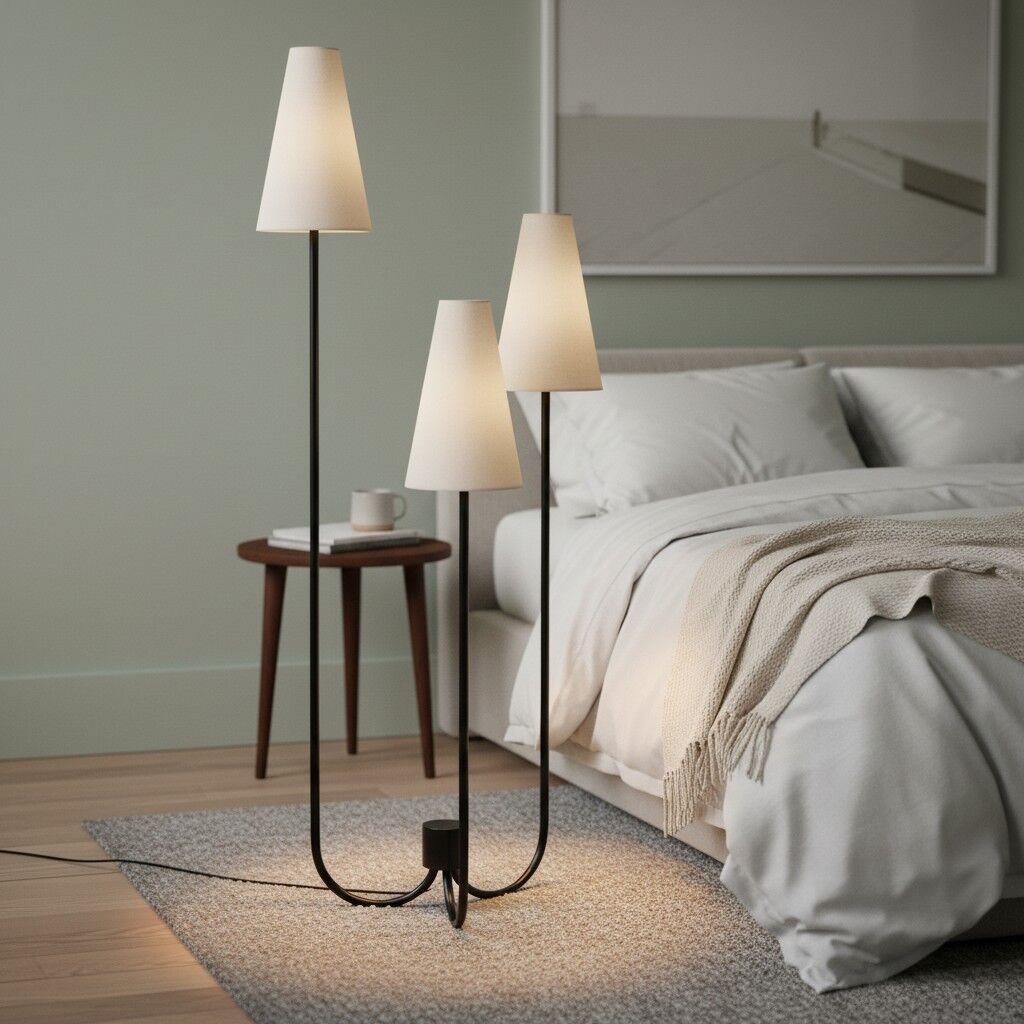 Cordove Three-Tapered Shade Floor Lamp – Modern minimalist Metal Fabric Light for Living Room
