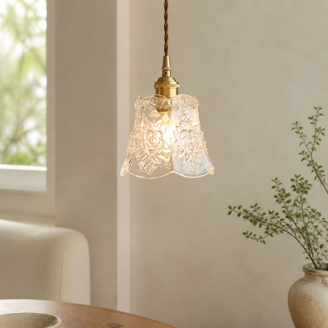 Traditional Japanese Brass Walnut Glass Ceramic Cylinder Conic Flower Bowl 1-Light Pendant Light For Dining Room