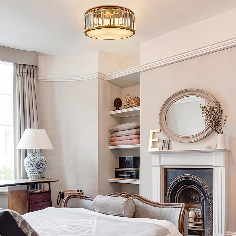 Crystal Glass Flush Mount Ceiling Light - Gold Drum Shade Ceiling Lamp