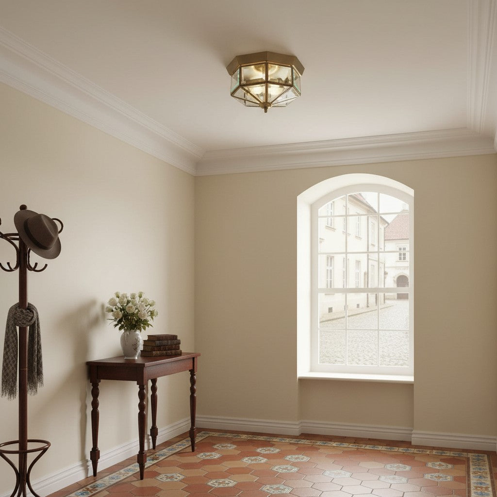 Braleen Antique Lantern Style Flush Ceiling Light – Clear Glass Design for Living and Bedroom