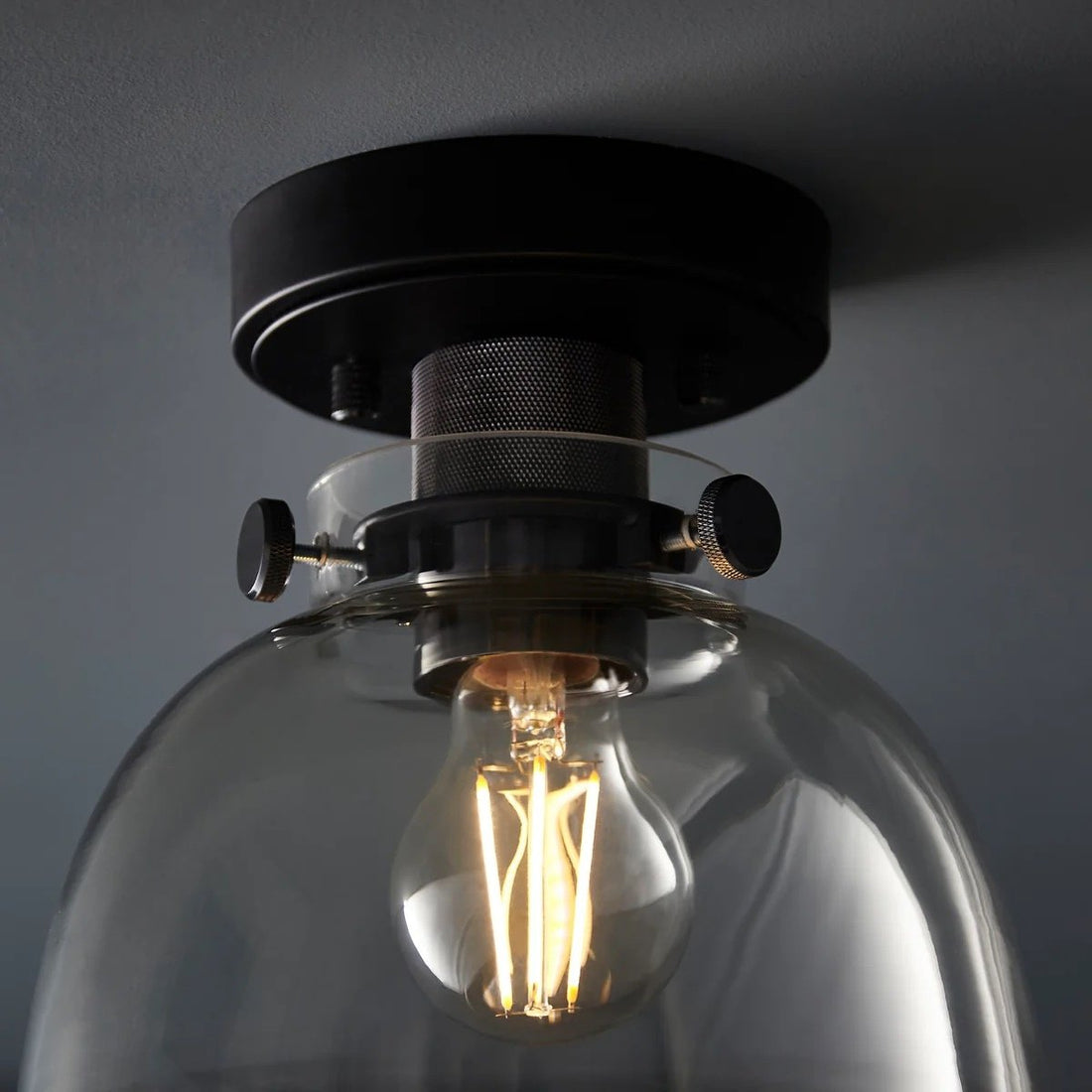 Ravion Knurled Chrome Ceiling Light Industrial Glass Shade - Living Room