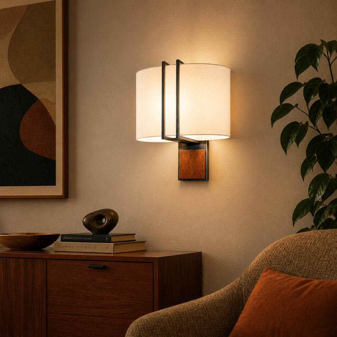 Shade A leather and fabric wall lamp in a warm living room