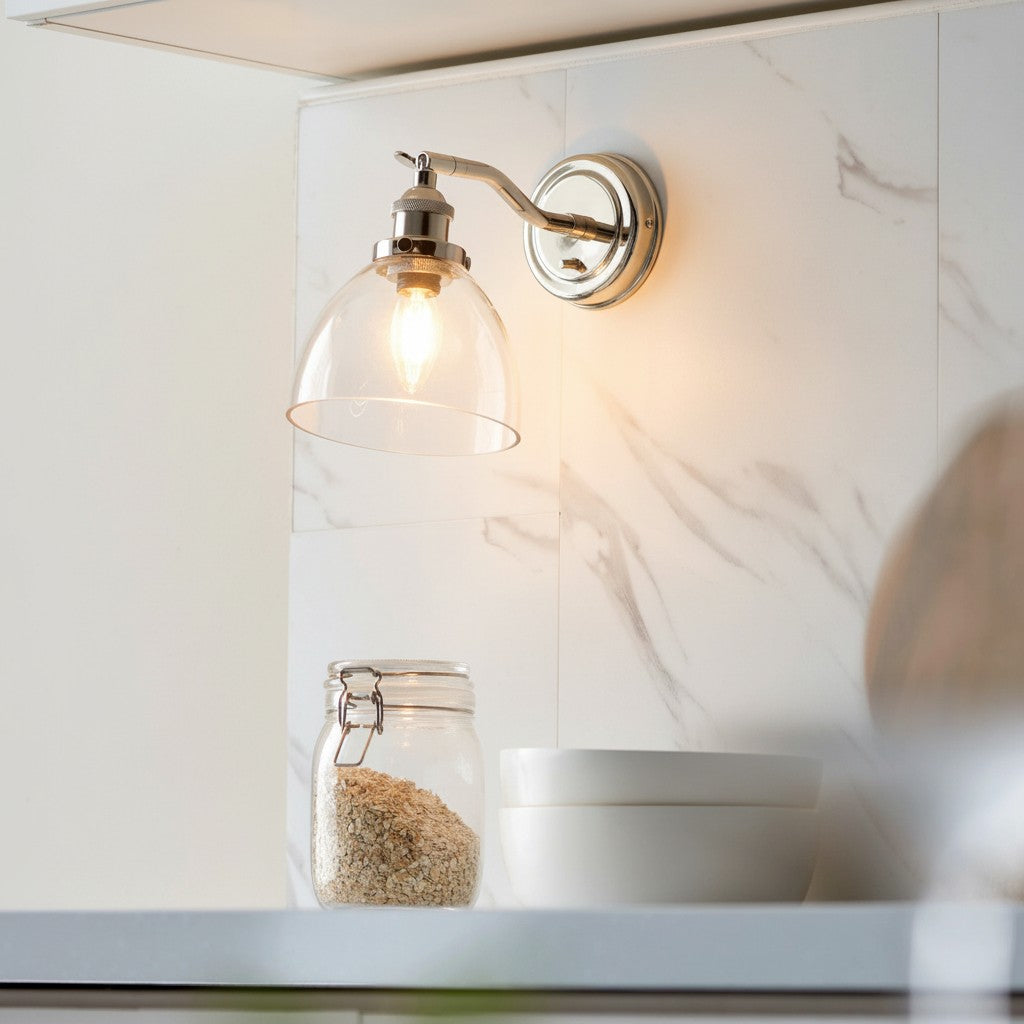 Novera Wall Light Collection – Glass Shade Finishes in Brass Silver Nickel Copper – Residential and Boutique Hospitality