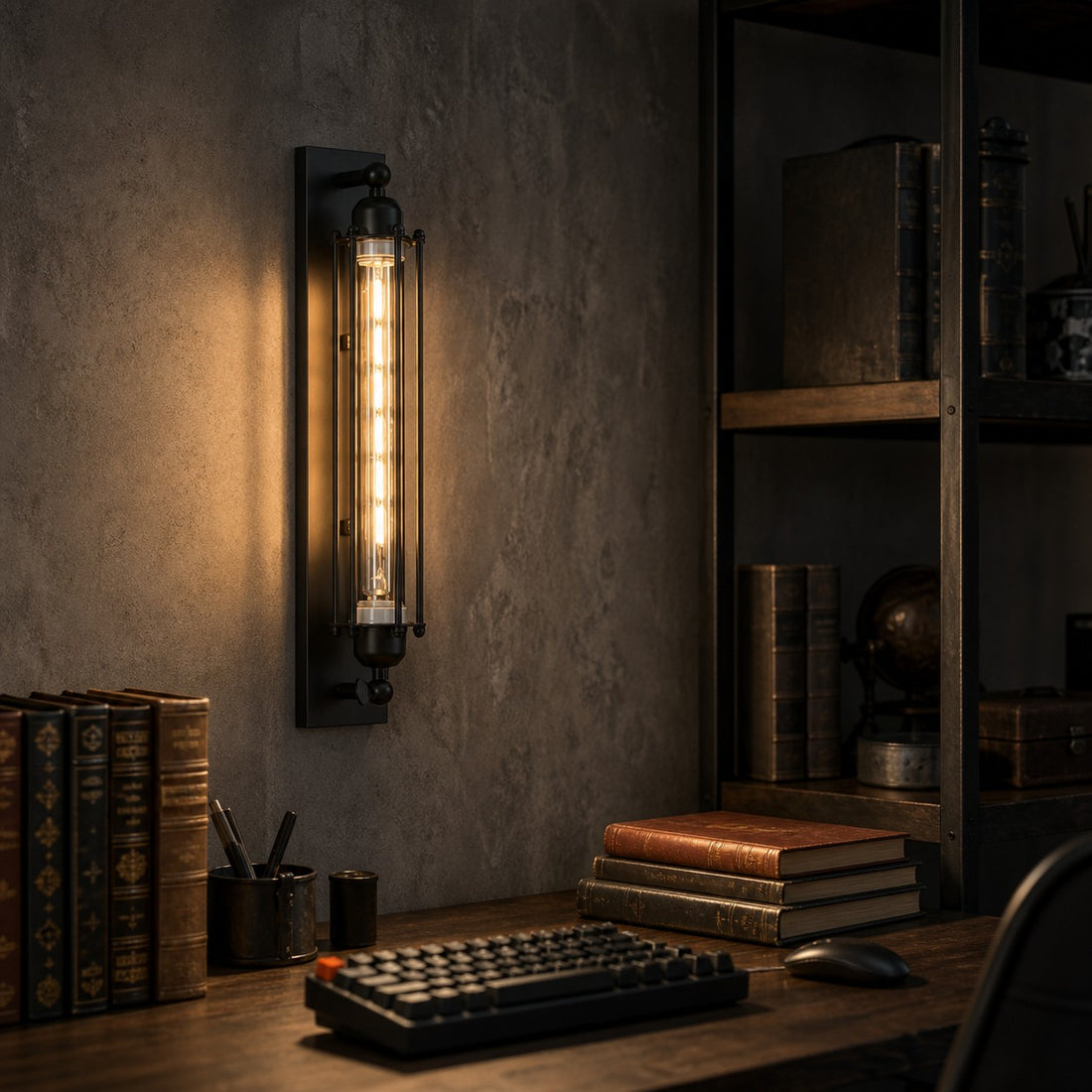 Industrial tube wall sconce beside shelves and books