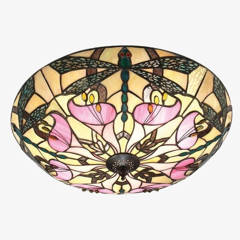 TF Ashton Tiffany Dragonfly Motif Tiffany Glass Flush Surface Mount - Transitional Style for Bedrooms and Lounge Spaces