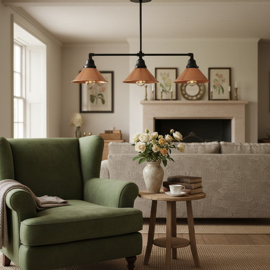 Conique Metal Aged Copper Three-Light Pendant – Sleek Industrial Fixture for Dining Rooms