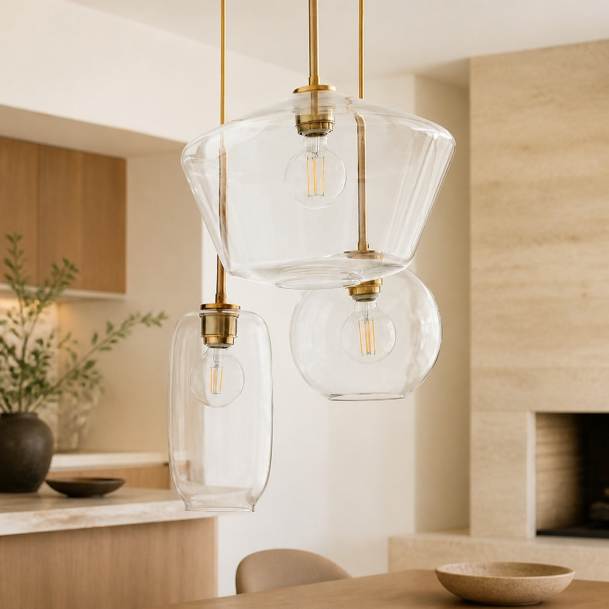 Merin Mixed Sculpture Glass and Metal Triple Chandelier